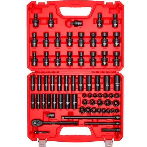VEVOR 3/8 in Drive Impact Socket Set, 67 Piece, 6 Point Shallow Deep Impact Sockets, SAE (5/16 in to 3/4 in) and Metric (8 mm to 19 mm), Swivel Sockets, Adapters, Cr-V Cr-Mo Steel, Carrying Case