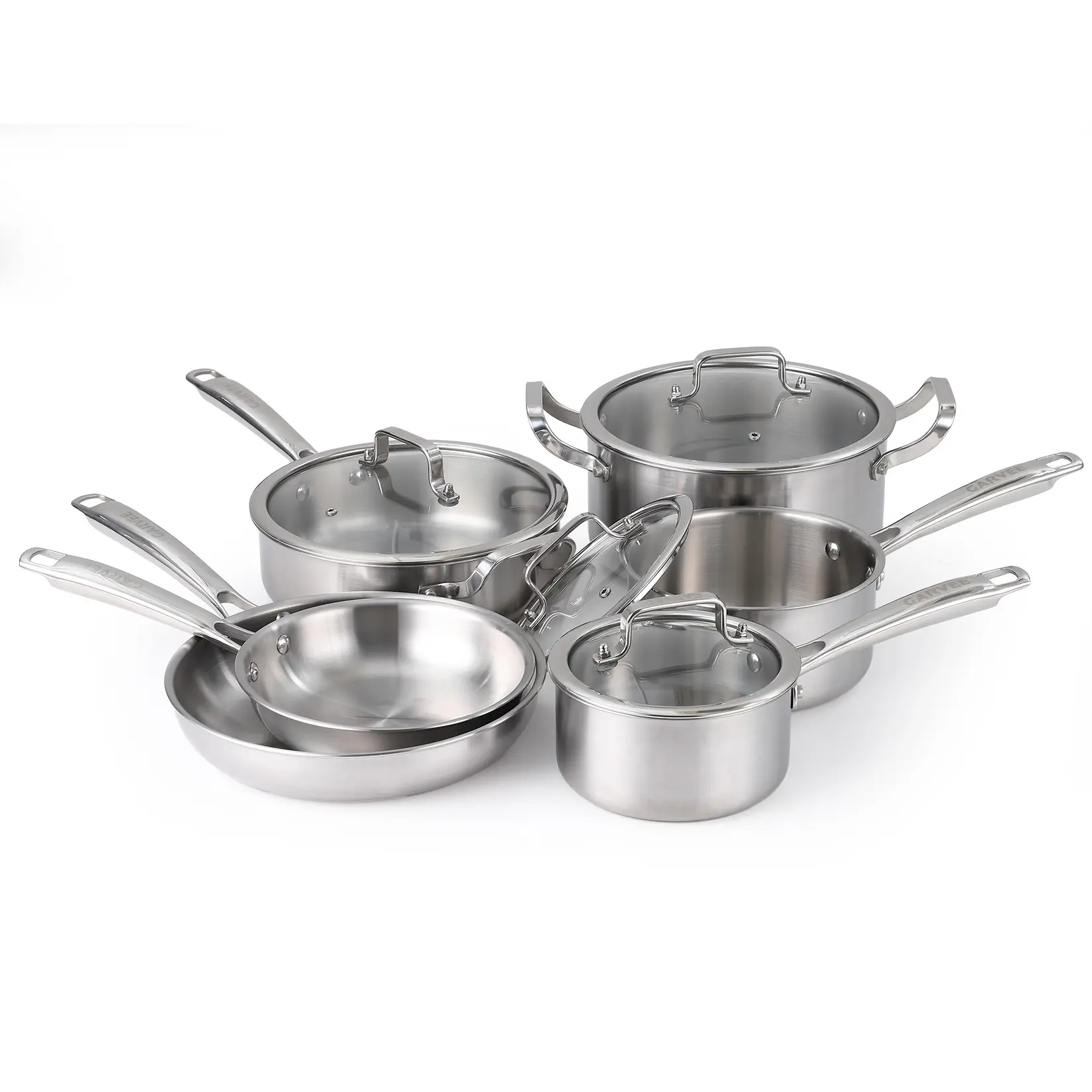 10-Piece Tri-Ply Stainless Steel Cookware Set with Lids, Cooking Saucepan Pots with Handle and Glass Lids,Frying Pans, Stockpot, Steamerand Easy to Clean UP to 600F°for All Cooktop