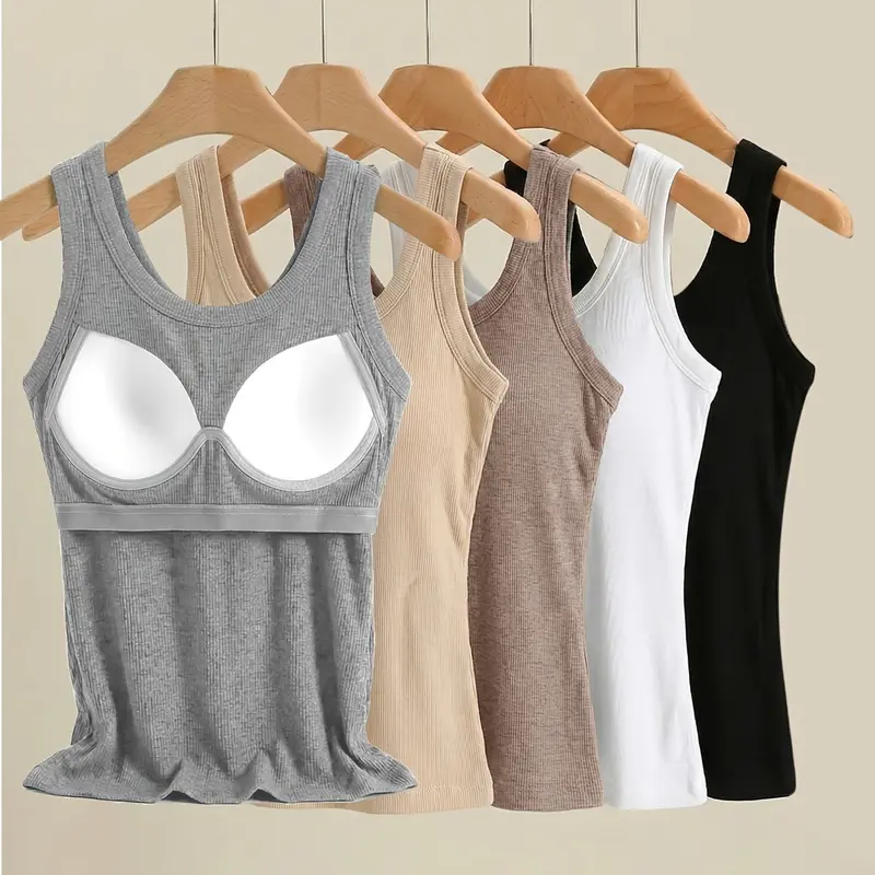Women's Tank Top, Sleeveless, Built-in Padded Bust, Stretch Ribbed Knit, Plain Round-Neck, Breathable & Comfort, Casual Wear