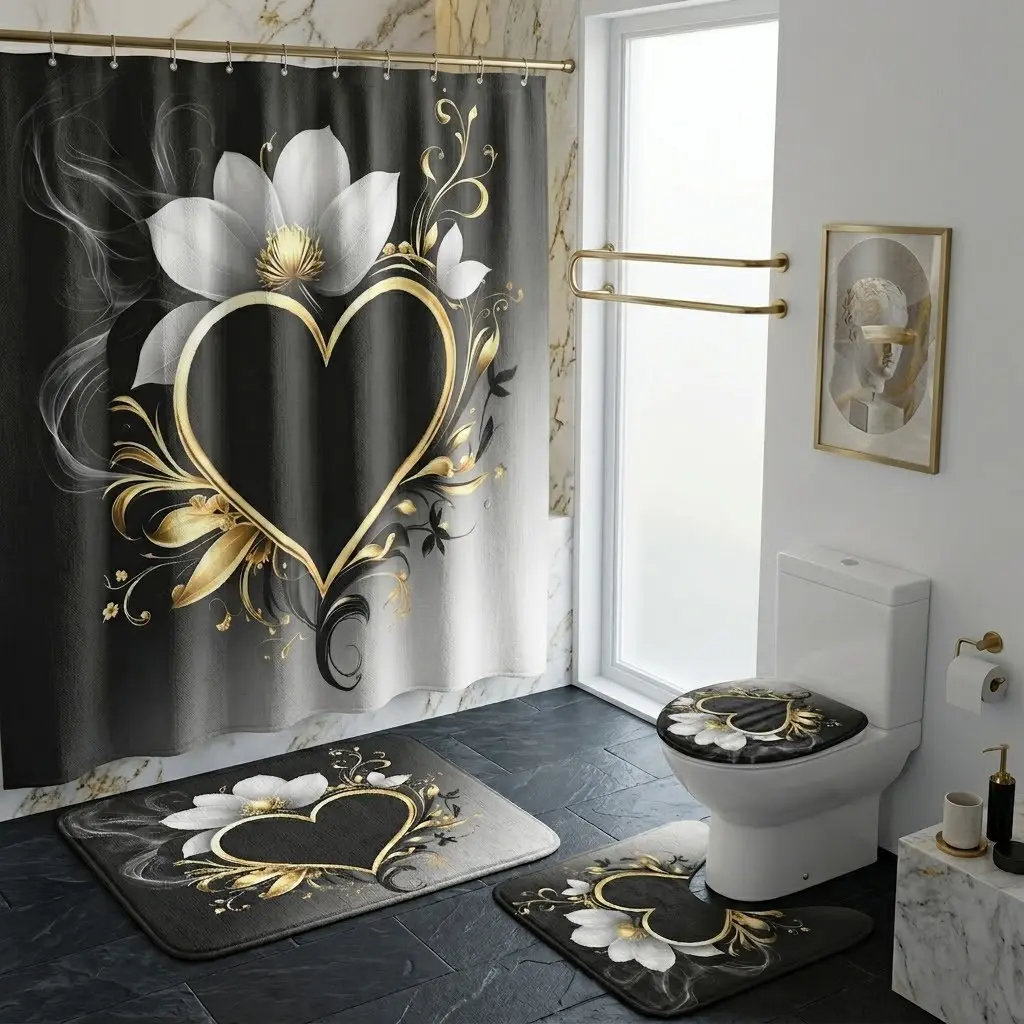 4pcs Elegant Gothic Romance Bathroom Accessory Set, Luxurious Printed Shower Curtain, Heart, Floral, Coordinated Mats