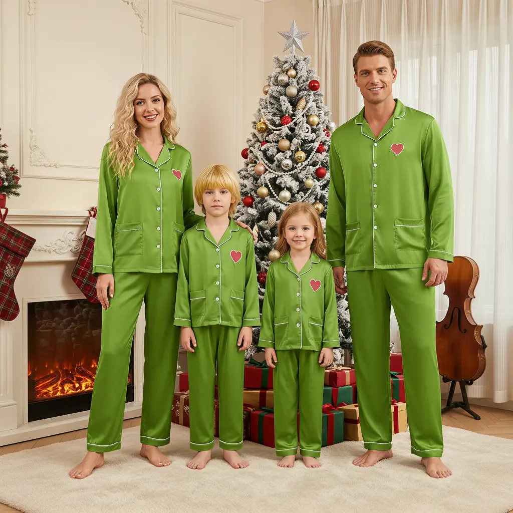 Family Matching Christmas Pajamas, Green Heart Pattern Long Sleeve Button Up Sleepwear Set, Holiday Matching PJs for Women Men Boys Girls
