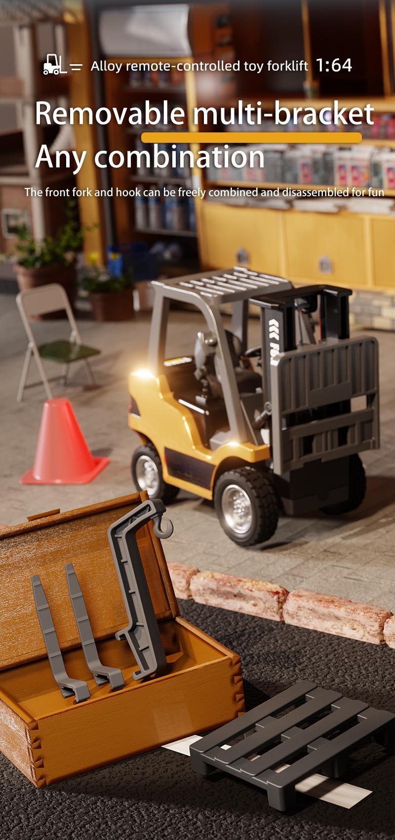 1/64 Mini RC Forklift, Remote Control Excavator, 11 Channel 2 Mode 2.4Ghz Remote Control Alloy Construction Vehicles Set with USB-C Rechargeable, 2 in 1 Transformable Lift Fork & Hook, Birthday Christmas Gift for Kids Adults Boys and Girls