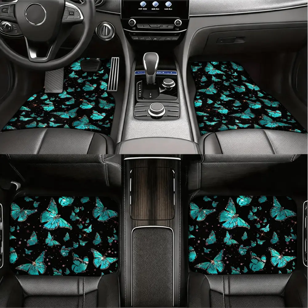 Stylish Car Floor Mats, Universal Auto Floor Liners, Teal Butterfly Pattern On Black Background, Durable Non-Slip Rubber Material, For Women And Girls Daily Driving Use, 4 Piece Full Set Front And Rear
