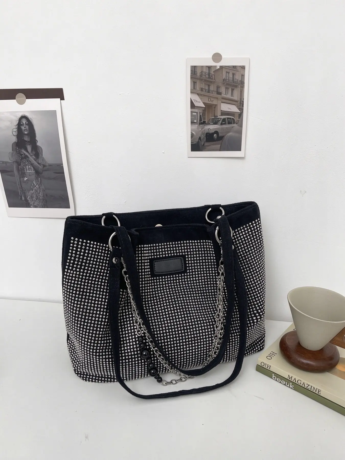 Women's Fashion Rhinestone Tote Bag, Large Capacity Daily Handbag with Chain, Shiny Style Daily Commuting Shoulder Bag, Stylish Bag
