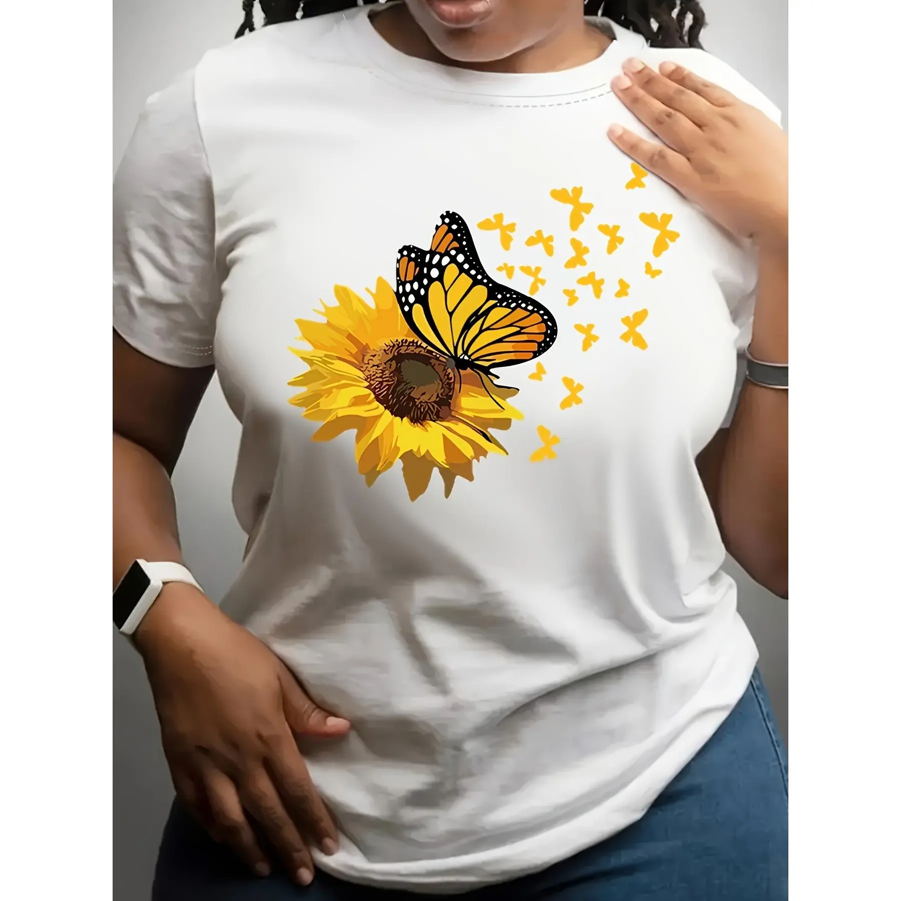 Plus Size Floral Butterfly Print T-Shirt for Women - 100% Polyester Casual Crew Neck Top with Slight Stretch, Knit Fabric for All Seasons