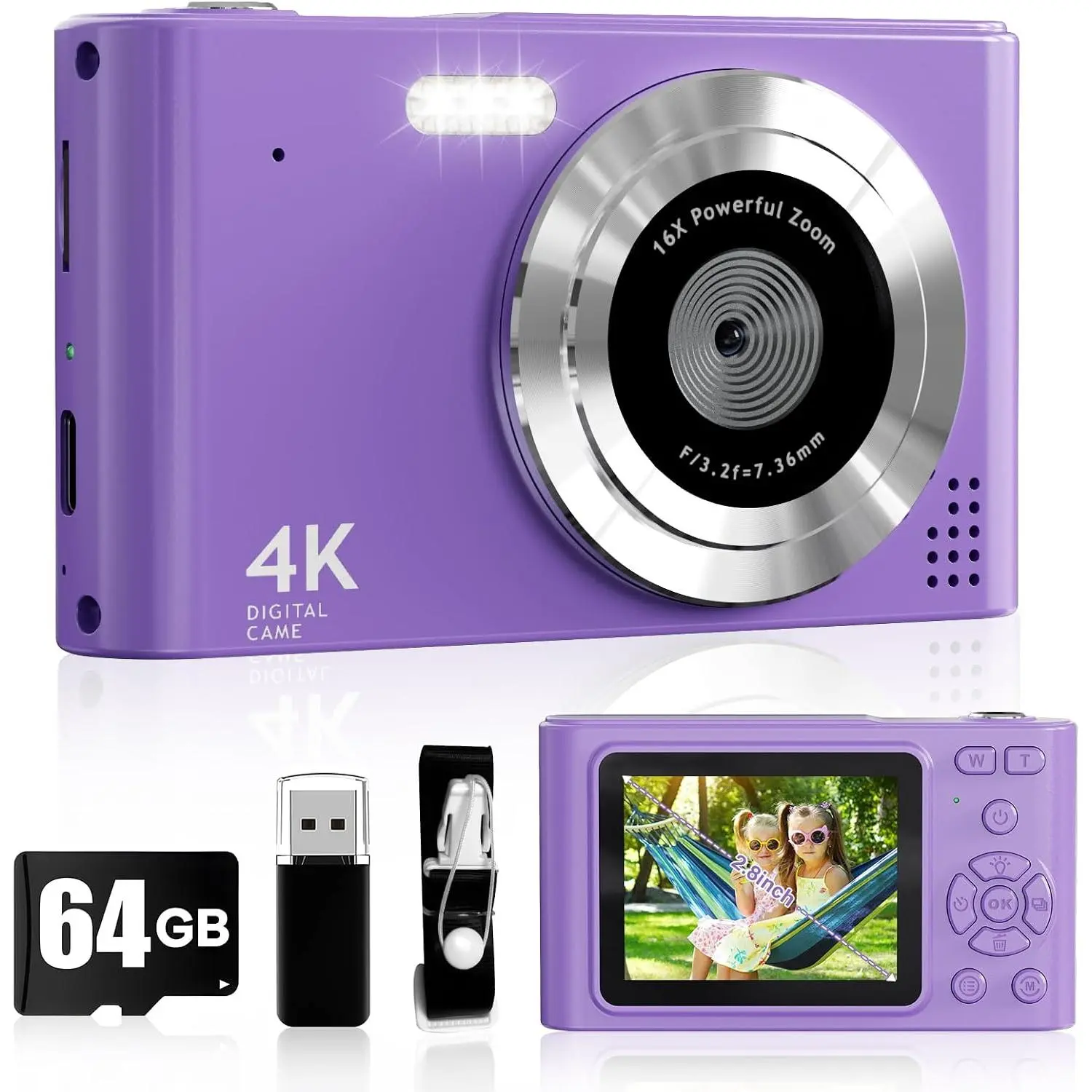 Digital Camera,  Camera1080P, Vlog Camera with 64GB Card, 16X Zoom Anti Shake, Card Reader, 44MP Compact Portable Small Point Shoot Digicam  for  Student  Teen Girl Boy(Pruple)