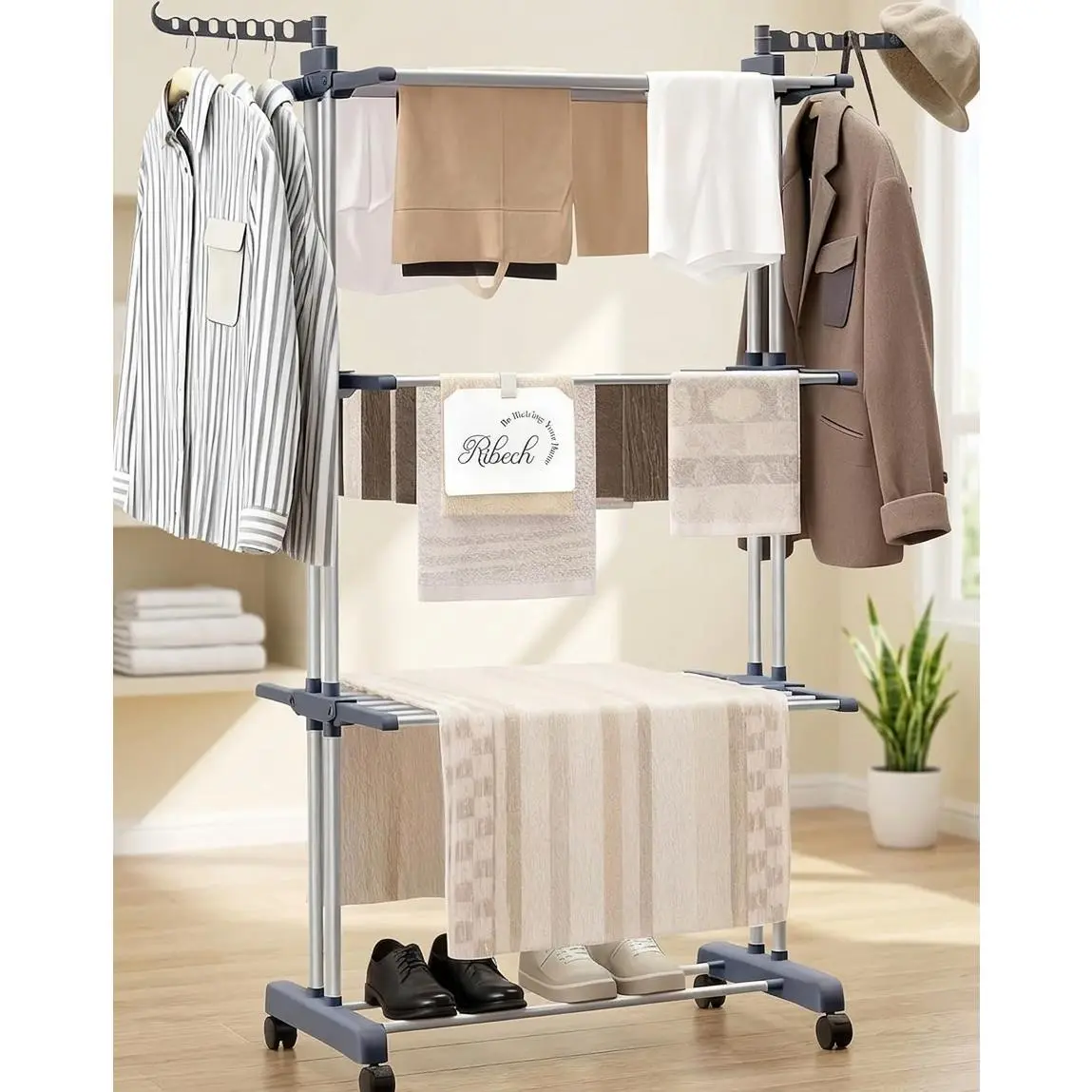 [HUOMAQFAN] 4-Tier Stainless Steel Clothes Airer Tower with Wheels - Space-Saving Foldable Laundry Drying Rack, 6 Folding Wings, for Indoor & Outdoor Use (29.9x19.7x67.7 in, Grey) Hanger