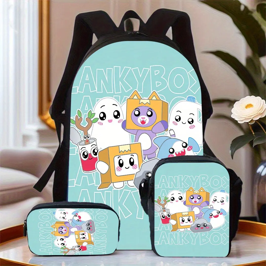 LankyBox Cute Full-Character Light Green Three-Piece School Bag Set includes a backpack, insulated lunch bag, and pencil case, suitable for teenagers' daily school use