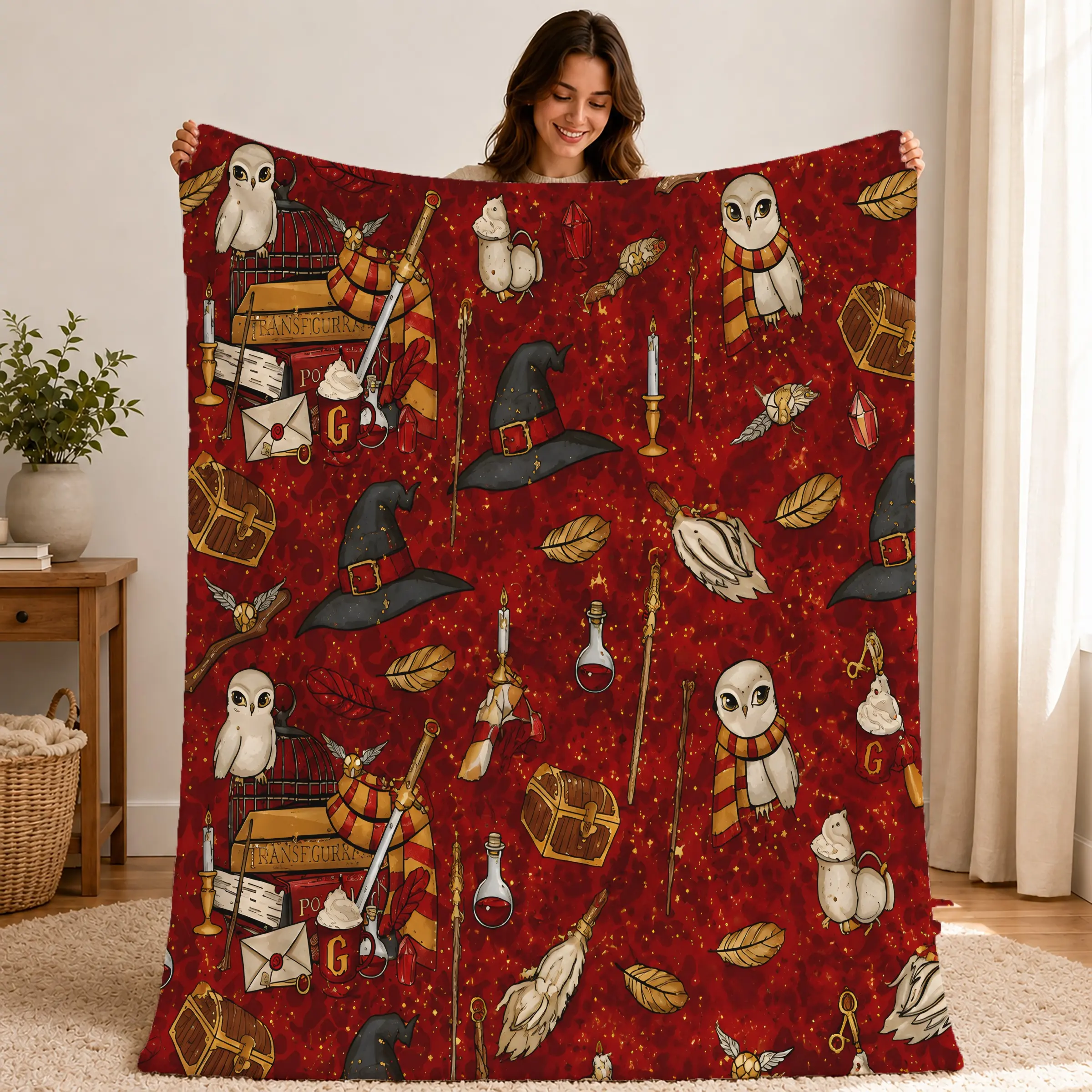 Harry Potter Gryffindor Magic Limited Cozy Flannel Blanket, Vintage Owl Hat Print, Soft Flannel, Perfect for Sofa, Office, Photo Props