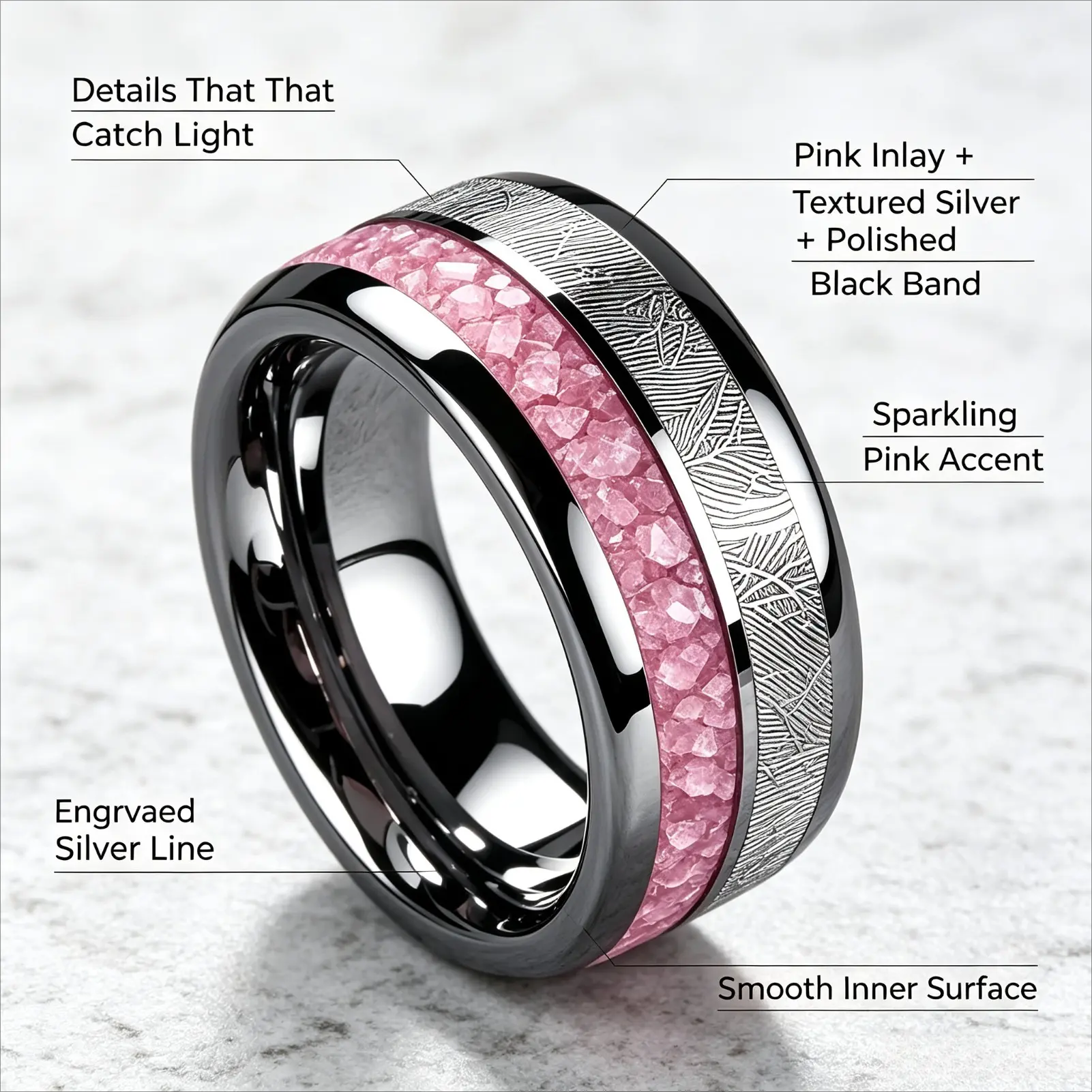 304 Stainless Steel Titanium Ring for Women, Pink Rose & Meteor Stone Inlay Band, Romantic Minimalist Jewelry for Daily Wear, Couples, Weddings, Anniversaries & Gift Giving