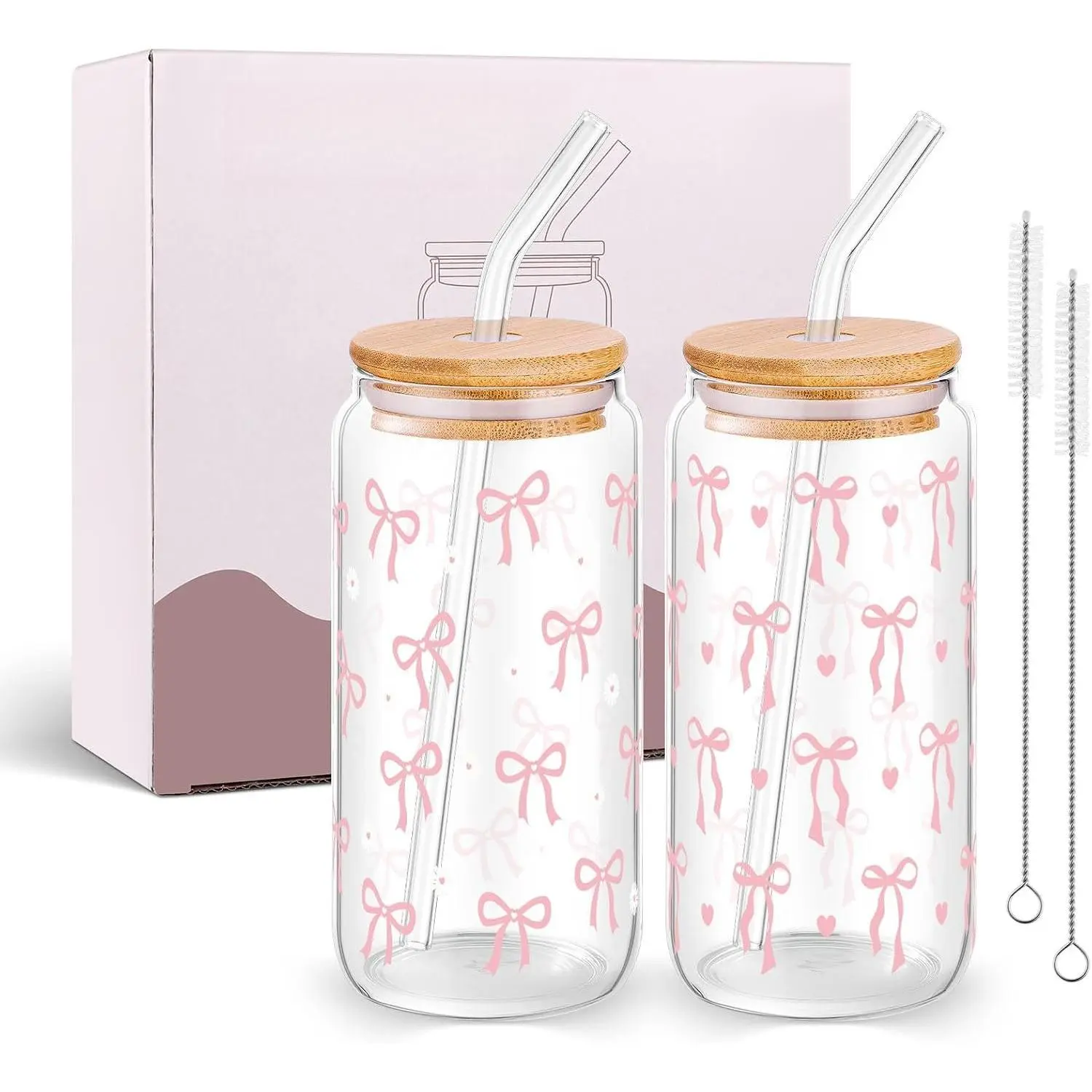 2 Pack 16 Oz  Bow Glass Cups With  And Straws  Set | Glass Cups With  , 2 Straws And Brushes, Cute  Bow Design For Iced Coffee, , Juice, And Gifts