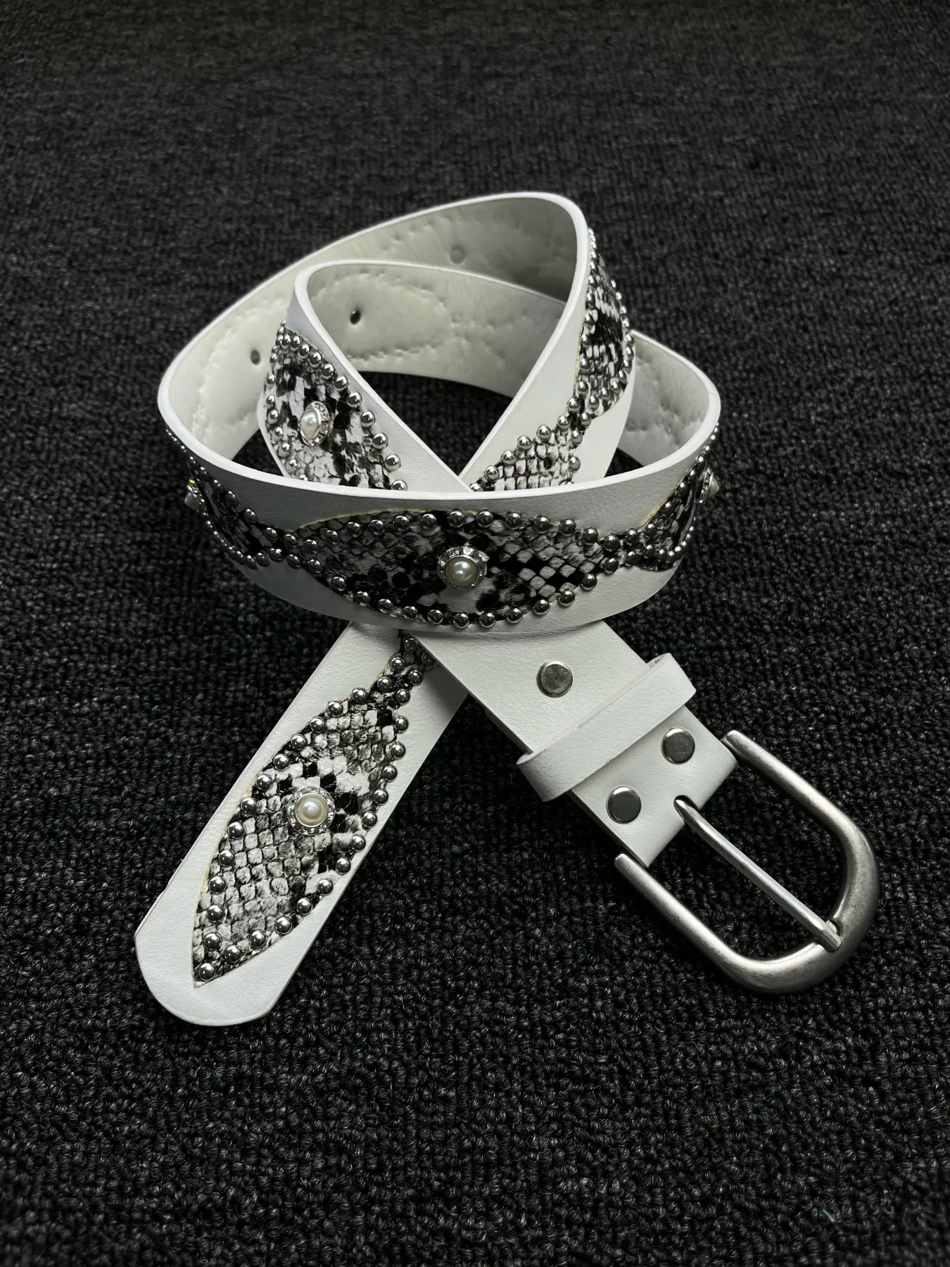 Pearl White Python Vintage Diamond Grid Riveted Belt with Retro Style Unisex Statement Belt