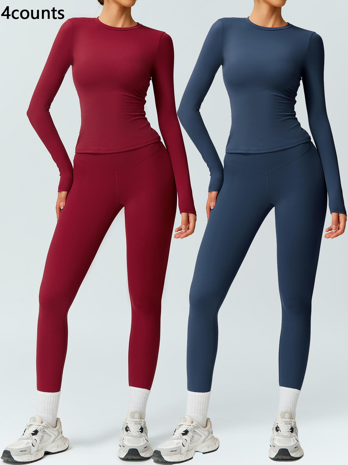Two-Piece Set Women's Patchwork High Elastic Soft Round Neck Flat Shoulder Long Sleeve Slim Fit Beautiful Hip Tight Pants Yoga Clothes suit Workout Running Clothes Four Seasons Outdoor Running Cycling Hiking Walking Shopping Fashion suit Gym