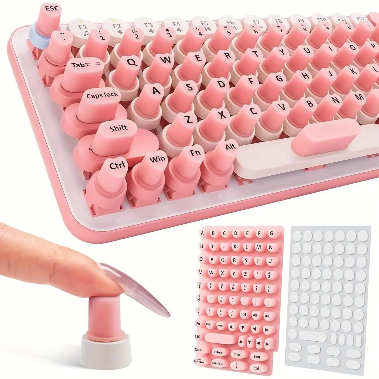 70 Pcs Raised Keyboard Stickers for Long Nails, Self-Adhesive Silicone Key Caps, Letter Patterns, Heart Bubbles, Office & Gaming Use