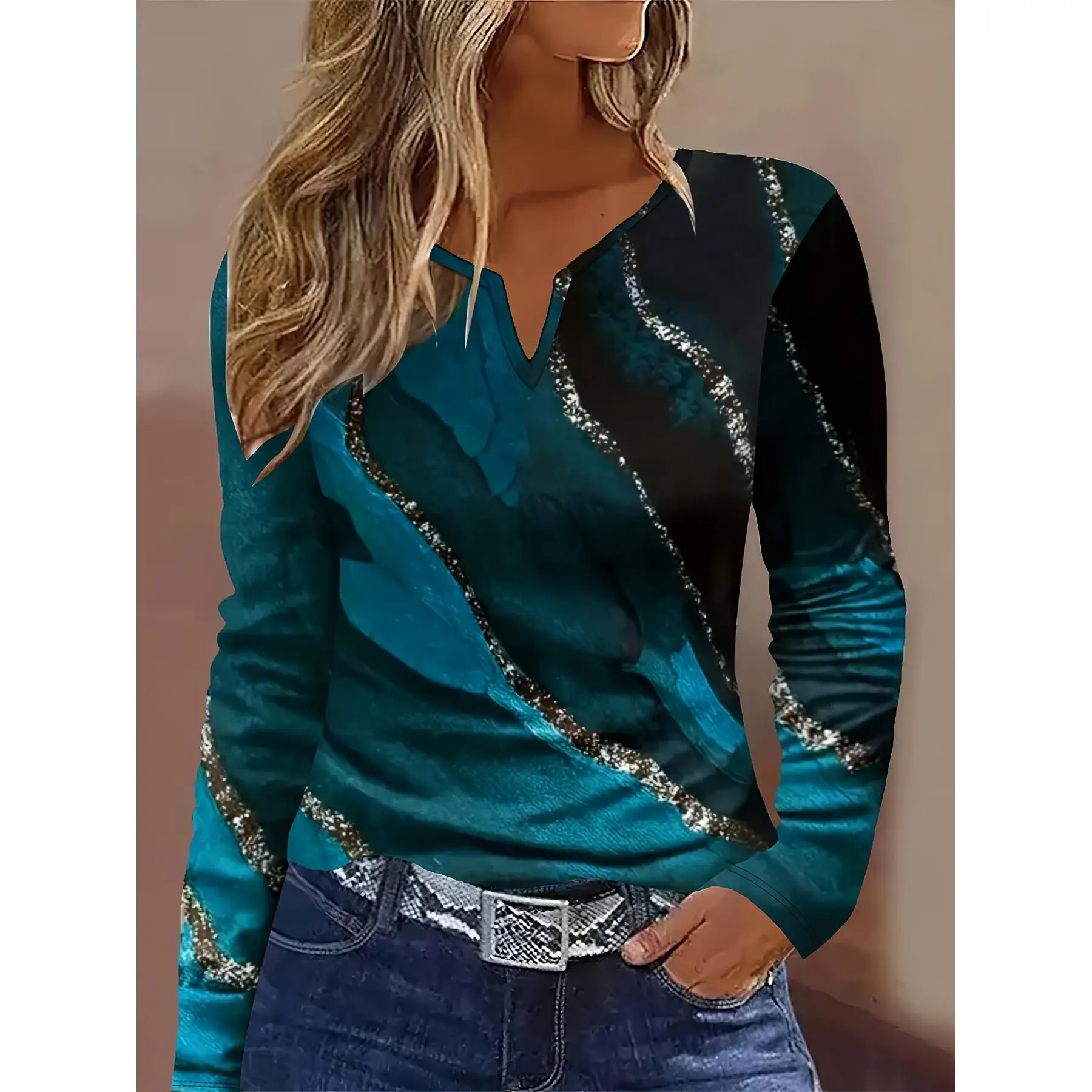 Women's Casual Knitwear Blouse - Autumn Long-Sleeve V-Neck Dolman Top, Polyester Fabric, Regular Fit, Machine Washable, Size Options, Baby Doll Crop Style (For Date, Night Wear), Knit Fabric, 100% Polyester, Marble Print, Lady, Clothes, Knitting
