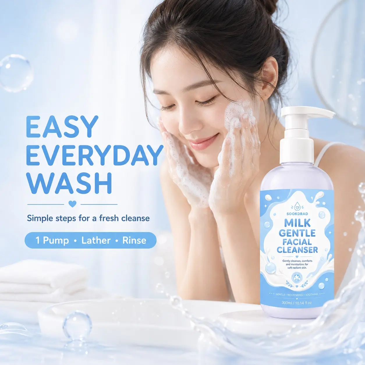 milk gentle facial cleanser, gently cleanses, comforts and moisturizes, gentle, nourishing, soothing, facial care, all skin types, daily skincare, 300ml/10.14 fl oz