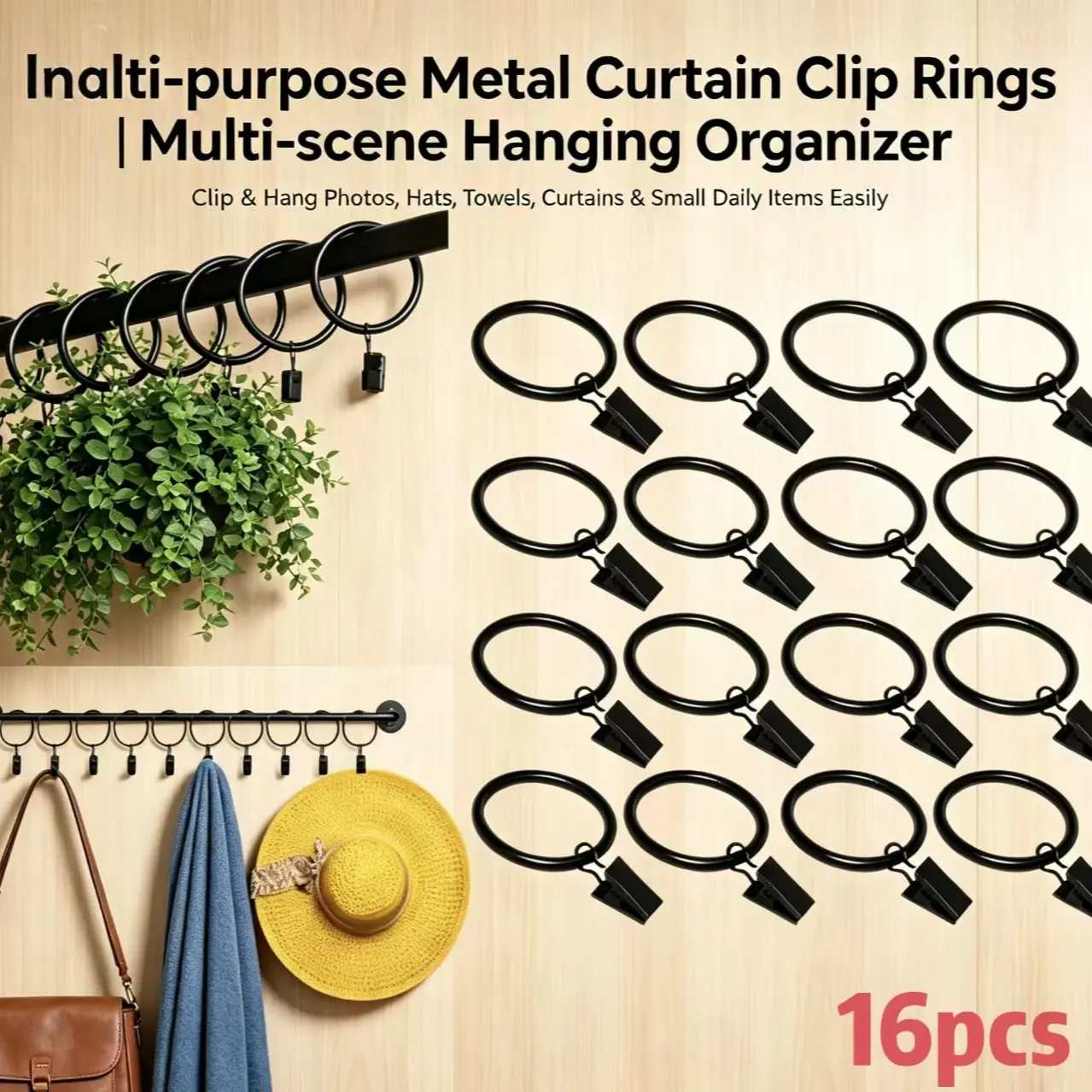 16-pack curtain hooks with clips, black window clips, used to hang curtains, curtains and bows, with a diameter of 1.26 inches (about 3.2 cm), Window Hanging