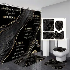 Letter & Black Marble Pattern Summer Bathroom Restroom Set, 4 Counts/set Including Non-slip Bath Mat, Toilet Lid Mat, U-shaped Commode Contour Rug & Waterproof Shower Curtain with Hook, Home Goods, Bathroom Decor And Accessories