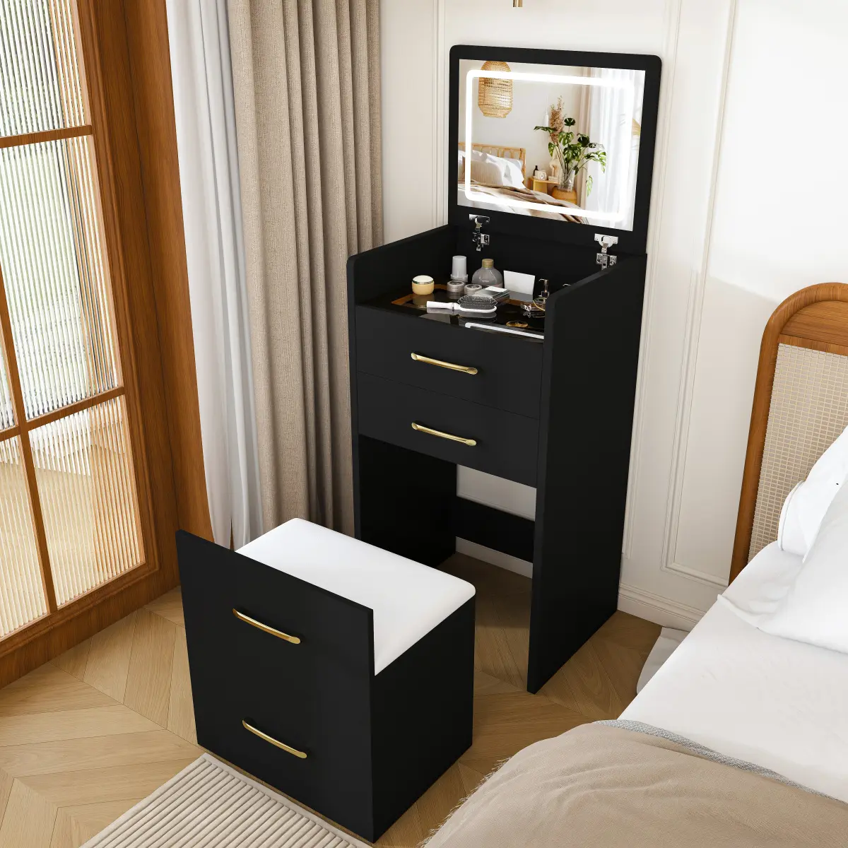 Black 3-in-1 Compact Makeup Vanity Desk with Open-Top Mirror, Visible Glass Desktop, and 3 Drawers for Bedroom Indoor Furniture