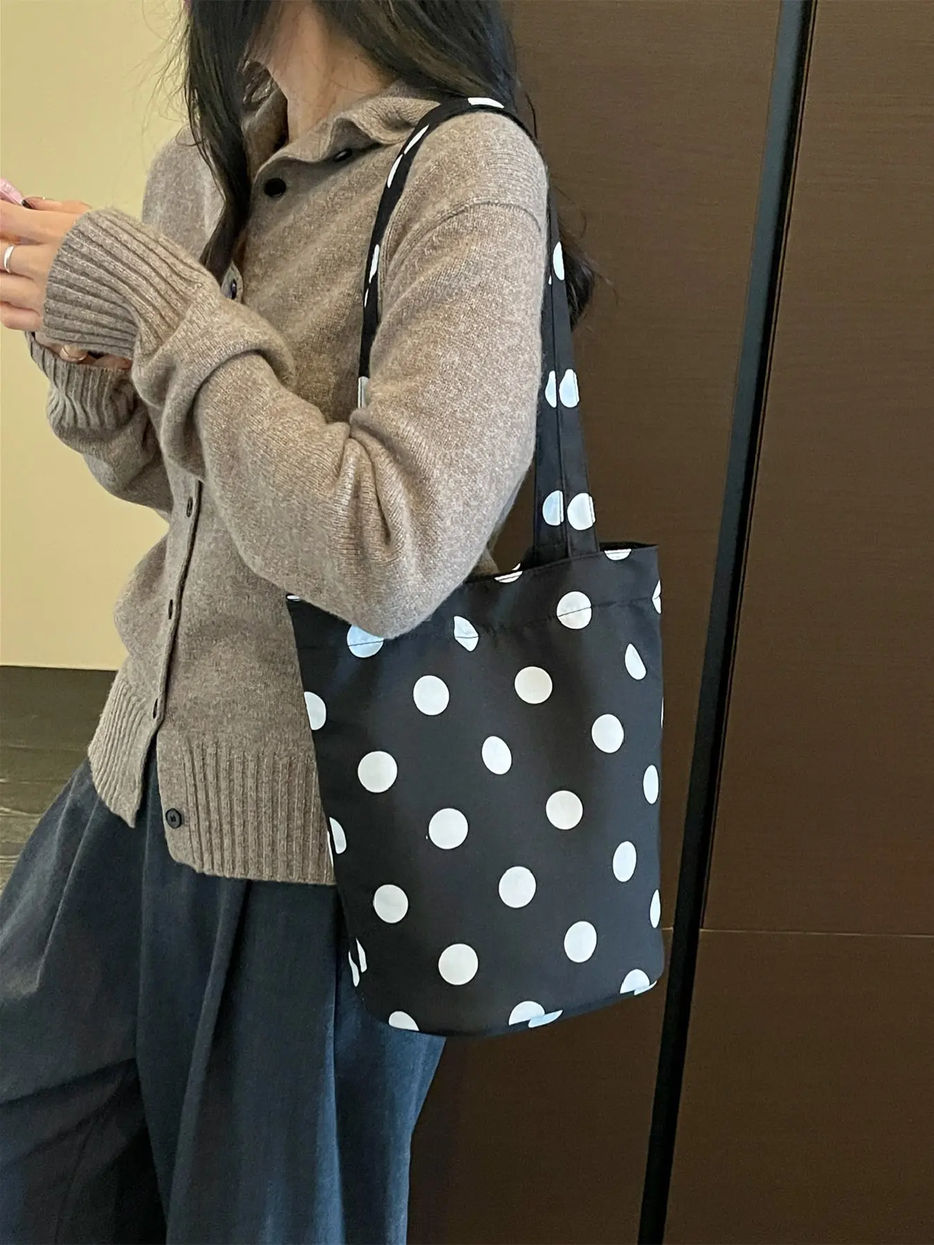 big polka dot canvas tote bag, korean ins soft shoulder purse, solid lightweight commute handbag, student tablet book storage bag, versatile daily travel fabric bag, large capacity basic shopping tote