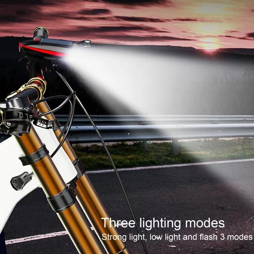 Solar Powered Bike Light, 1 Count Waterproof Bicycle Headlight with 120db Horn, High Brightness 80m Visible Floodlight Range USB Charging Bike Light