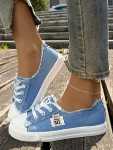 Worn-out Denim Easy-On & Off Low-Top Flat Sneakers Trainer   Fringe Flat Laced Breathable Casual Shoes Walking Shoes   Retro Streetwear Trend