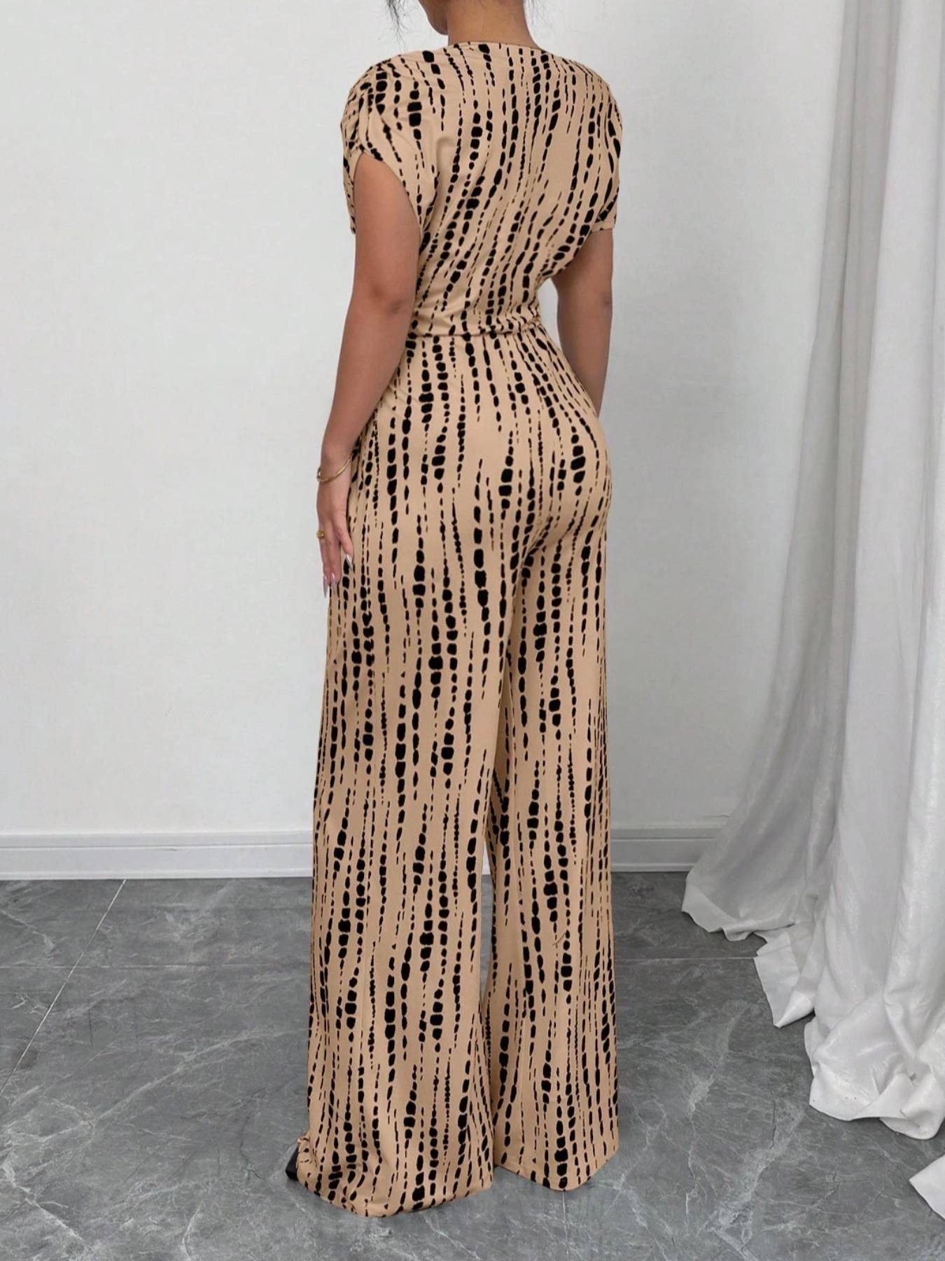 Women's All Over Print Tie Front   Jumpsuit, Casual Asymmetrical Neck   Jumpsuit for Spring & Fall, Women's Clothes for Daily Wear