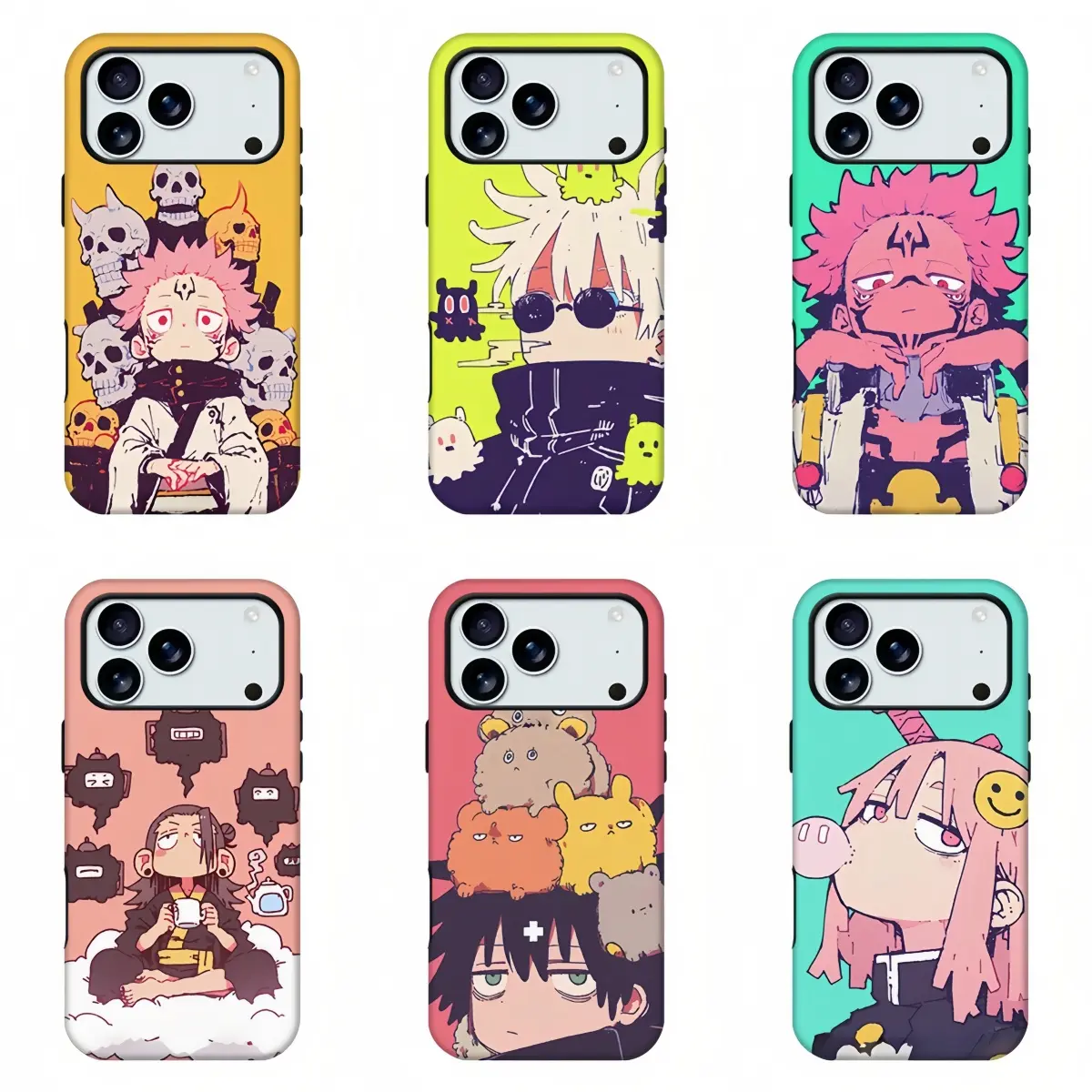 Jujutsu Kaisen Chibi Style Anime Phone Case,Trendy Cartoon Shonen Anime Aesthetic Phone Shell,Bold Pop Color Cursed Spirit Character Print Hard Protective Cover Compatible For iPhone 11-17 Pro Max,Samsung S21-S26,Gift