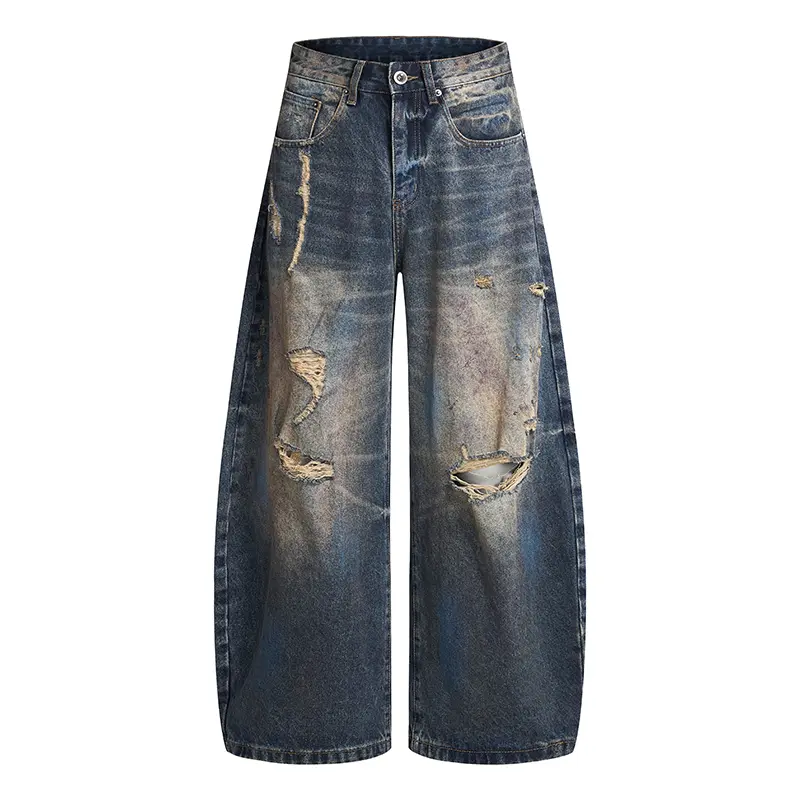 Men's Tattered Distressed Jeans, Vintage High Street Style Heavyweight Denim with a Loose Fit and Gradient Wash, Casual Fathers Day Gift, Trouser, Pants, Grunge Aesthetic, Retro Style, Valentines Day, 90S Look, Ripped Up Jeans, Foldable, Vintage Gradient,