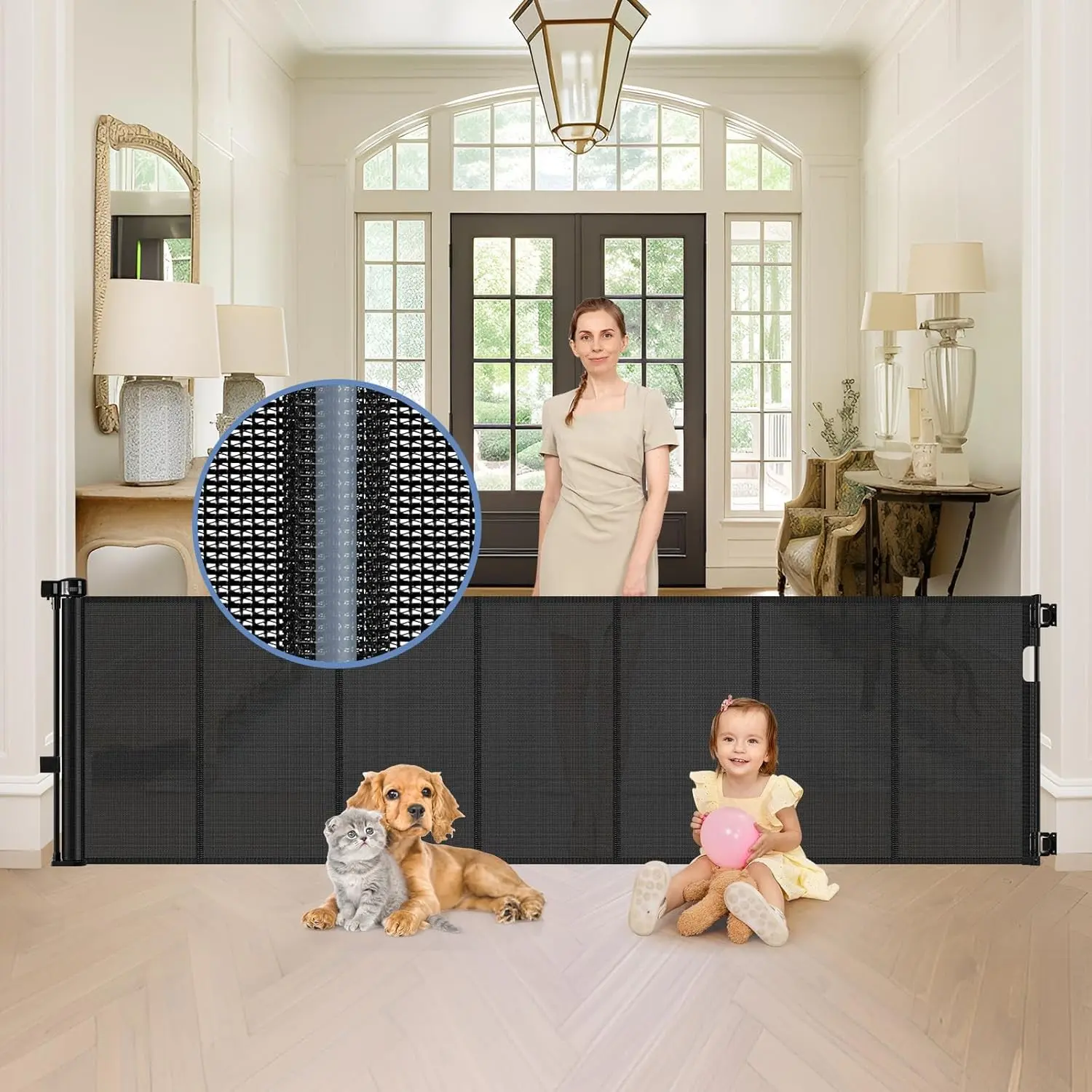 90 Inch 33 Inch Tall Extra Wide Retractable Baby Gate, 7.5ft Long Retractable Dog Pet Gate with Reinforced Strips for House Wide Openings, Black