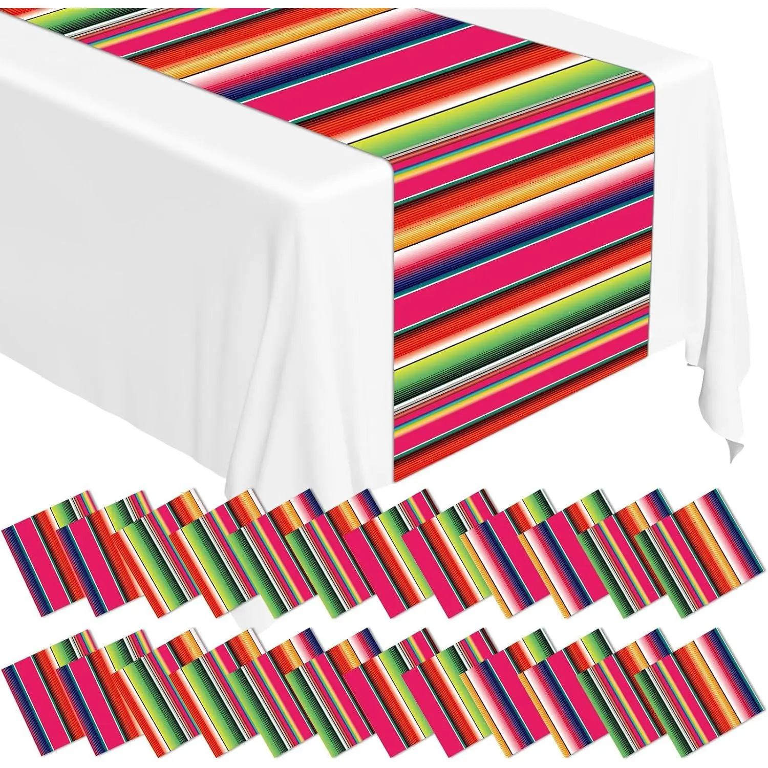 12-Pack Disposable Plastic Mexican Serape Table Runners, 14x84in Colorful Striped Decor for Dia De Los Muertos Fiesta, Taco Party Supplies (Home & Festive Decor), 84 In