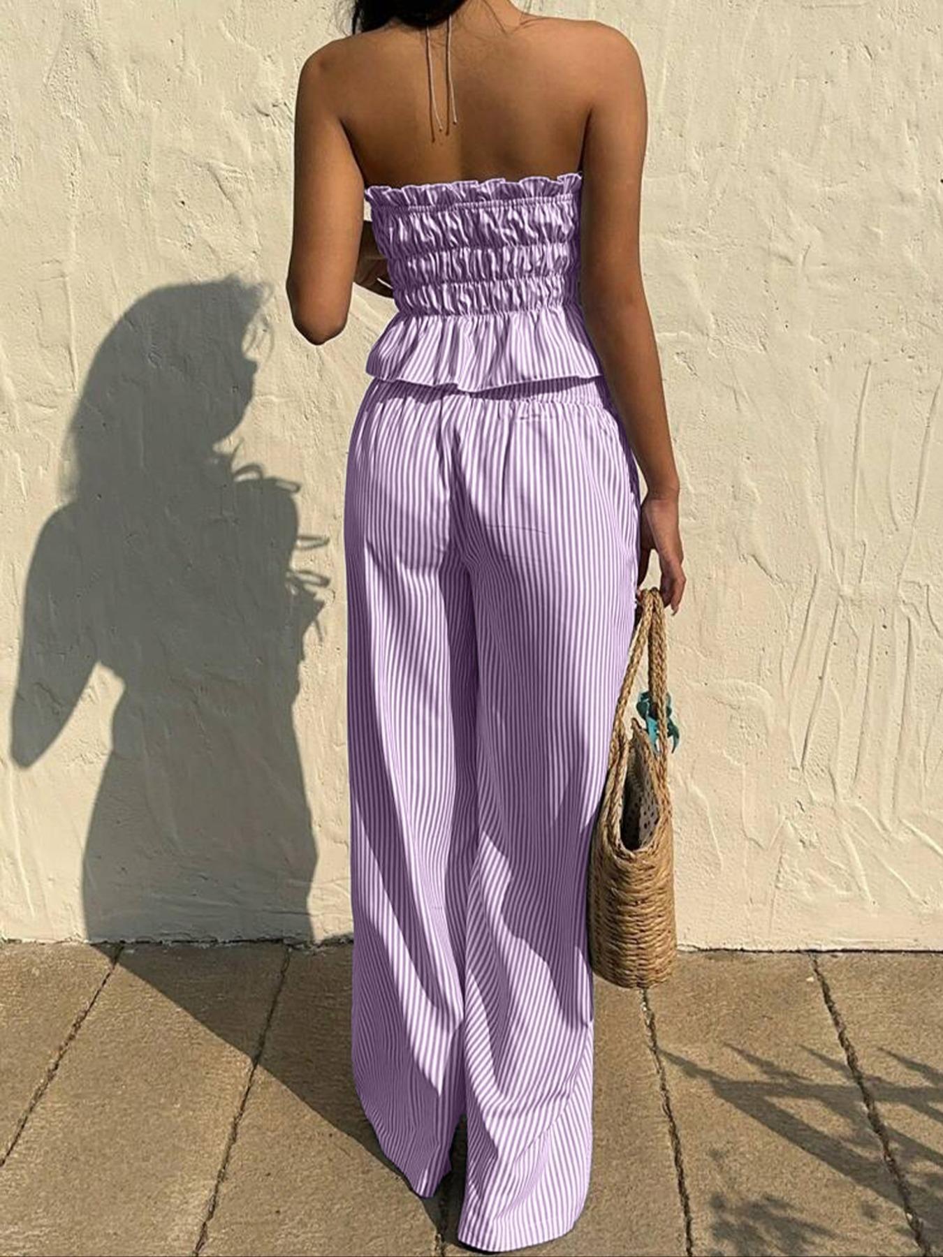 Women's Striped Print Tie Front Top & Wide Leg Pants Set, Casual Fashion Cozy Two-piece Set for Daily Outdoor Wear, Ladies for Summer, Cute Summer Outfit, Casual Loungewear Set, Soft Lounge Sets, Summer Clothing Set