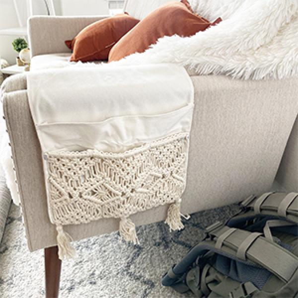Macrame Couch Organizer Remote Control Caddy Sofa Armrest Armchair Bedside Storage Holder Bag for TV Remote, Magazine, Books, Cell Phone, iPad, Boho Living Room Home Dorm Decor, Beige
