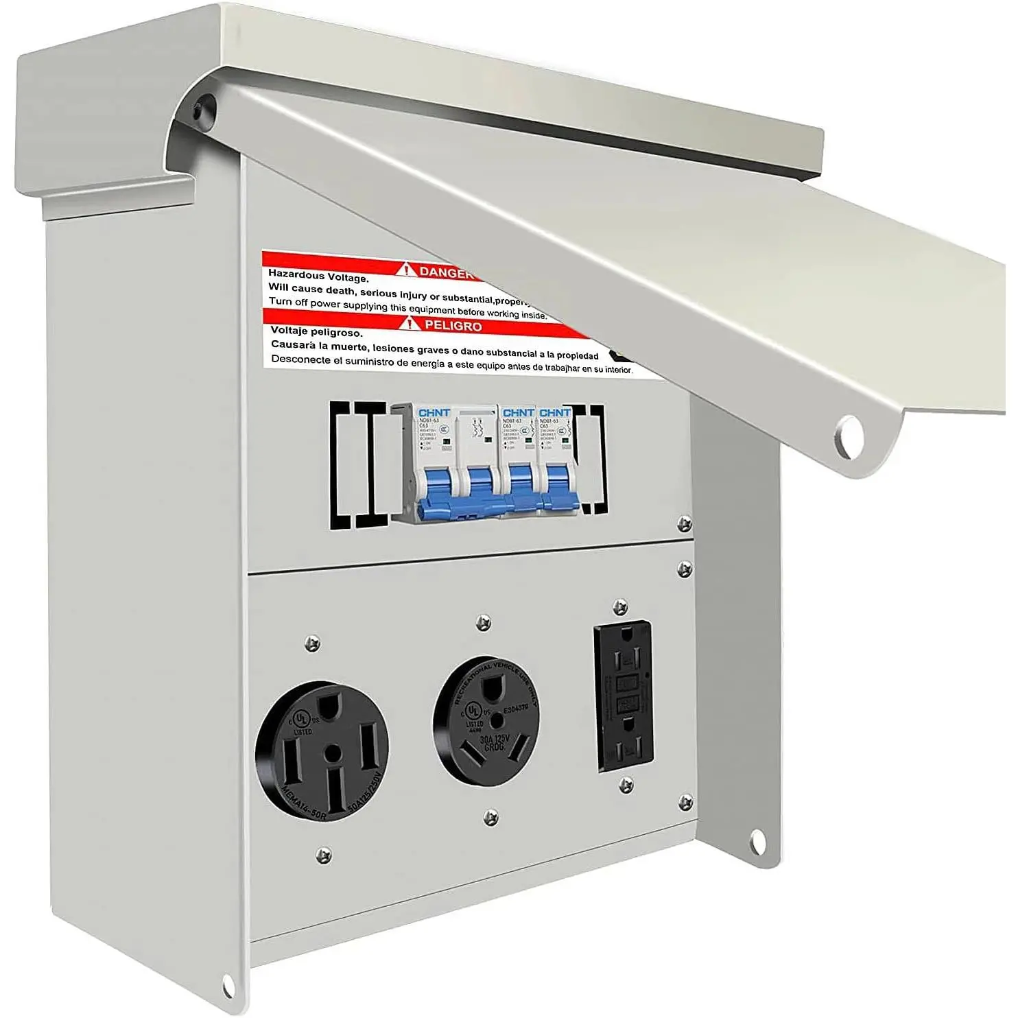 Temporary Power Outlet Panel,RV Electrical Outlet Panel with 20,30,50 Amp Receptacle Installed,with Breaker,Prewired and Unmetered,Weatherproof,Fit for motorhomes and Construction Sites