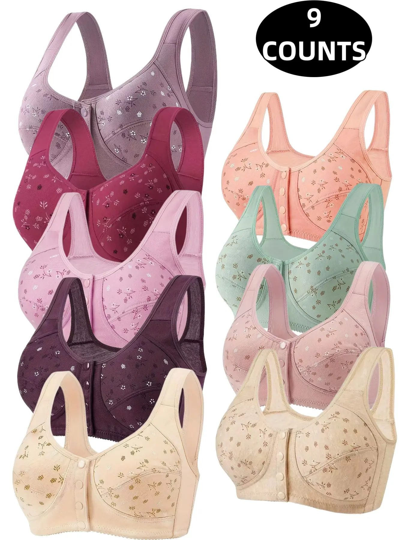 9-Pack Floral Push-Up Bras, Wireless Full Coverage, Comfortable Breathable, Front Buckle Design, Elderly Friendly, All Seasons