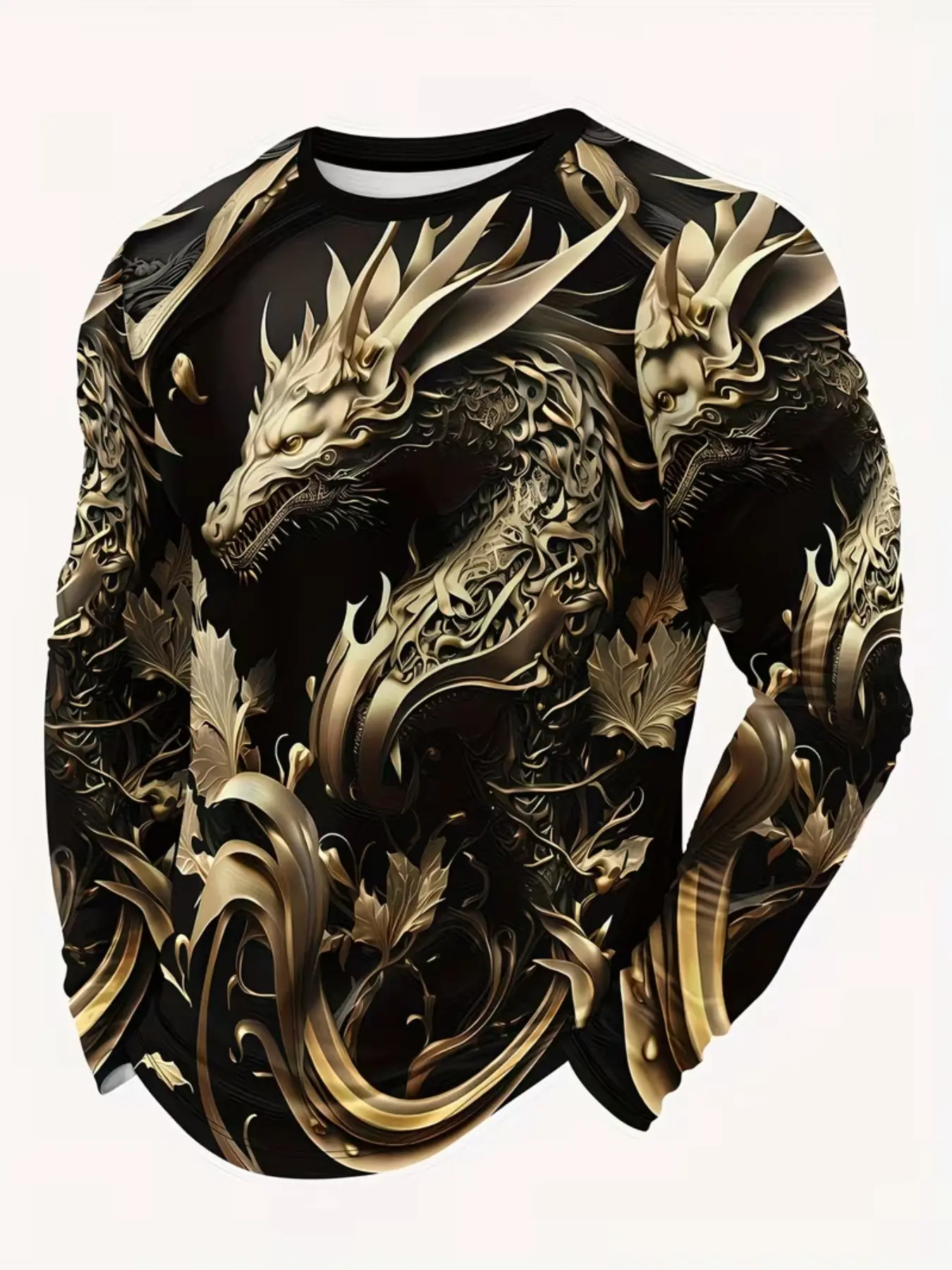 Men's Casual Long Sleeve T-Shirt, Casual Fitted Streetwear, Dragon 3D Print, Round Neck, All Seasons, Perfect for Outdoor Wear, Comfortable and Stylish