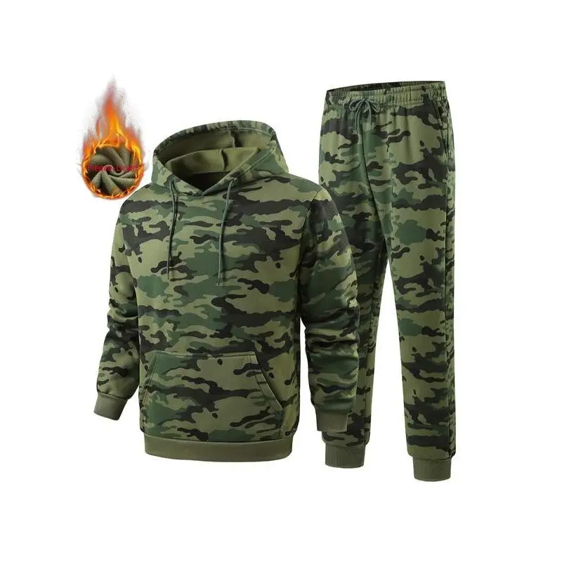 Unisex Camo Fleece Sports Set Hooded Sweatshirt & Elastic Waist Pants, Warm Lamb Wool Two-Piece for Men Women