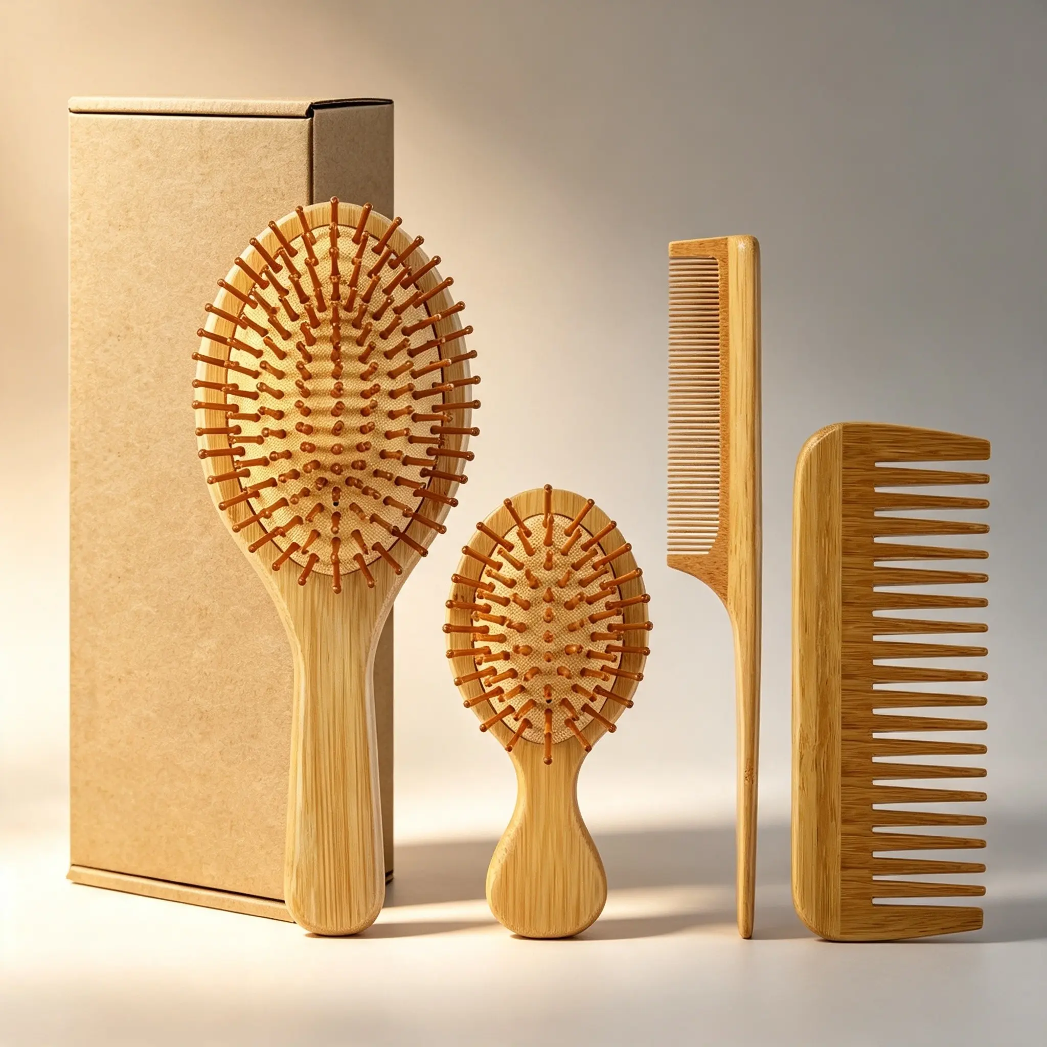 Eco-Friendly 100% Bamboo Hair Brush Collection, Massage Air Cushion Paddle Brush, Detangling Wide-Tooth Comb, Rat Tail Sectioning Comb, Gentle On Scalp, Smooth Frizzy Curly Long Hair For Ladies