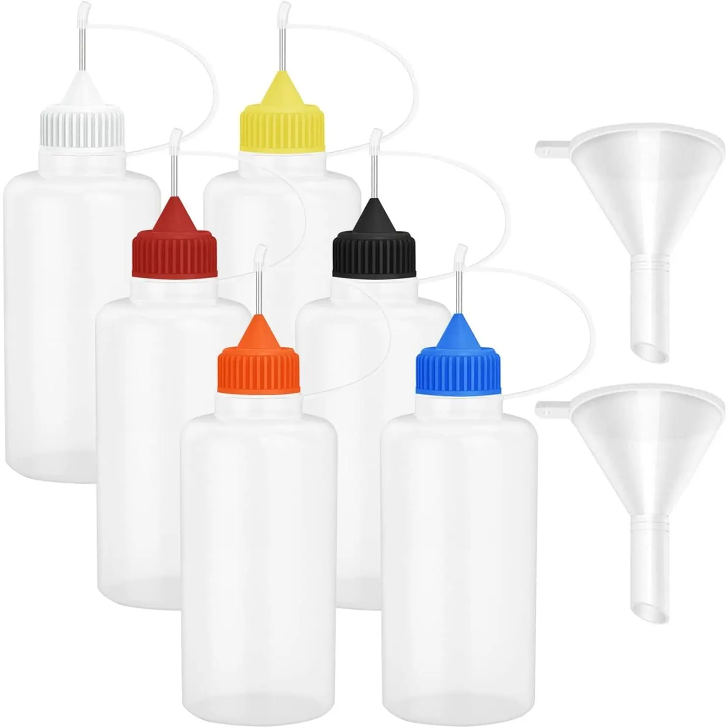 6 Pcs 4 Ounce 120ml Needle Tip Glue Bottle Plastic Dropper Bottles Multicolor Lid with 2 Pcs Mini Funnel, Ideal for Small Gluing Projects, Paper Quilling, DIY Craft and Acrylic Painting
