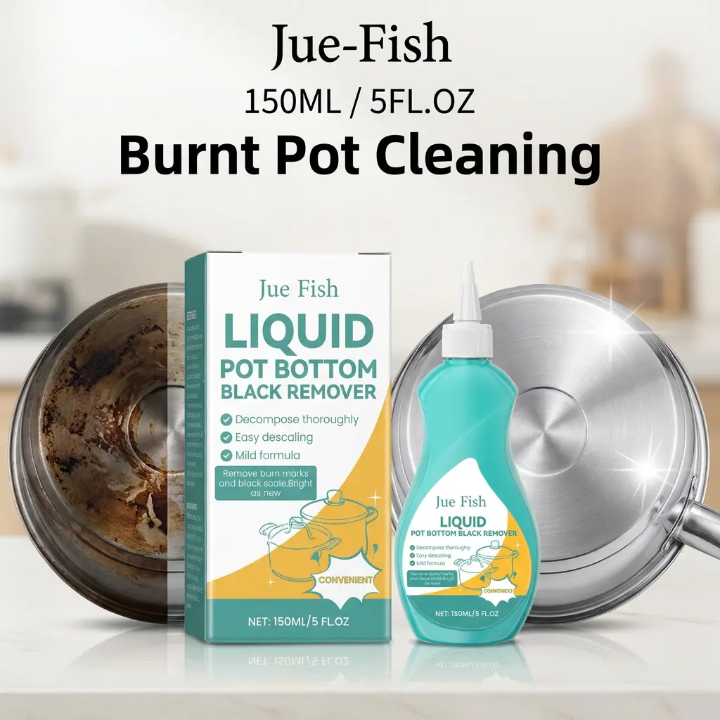 Jue-Fish Household Cookware Cleaner Liquid (150ml) Home Cleaning Products - Multi Purpose Concentrate with Sodium Bicarbonate, Laureth-7, Sodium Laureth Sulfate, Rust Remover, Stain Remover, Anti-Scratch, Protective Film for Dark Buildup, Kitchen Surfaces