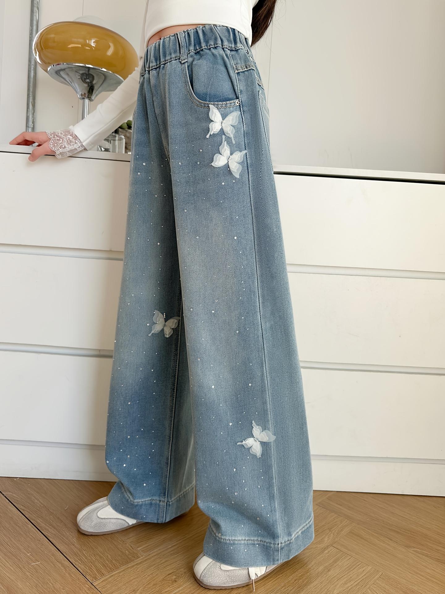 Girls' butterfly pattern jeans, children's straight wide-leg pants