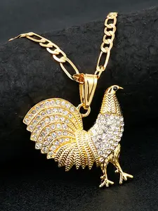 Elegant Rooster Bling Pendant Necklace with Sparkling Rhinestones, Unisex Holiday Gift, Faux Chain Design, Perfect Christmas Present