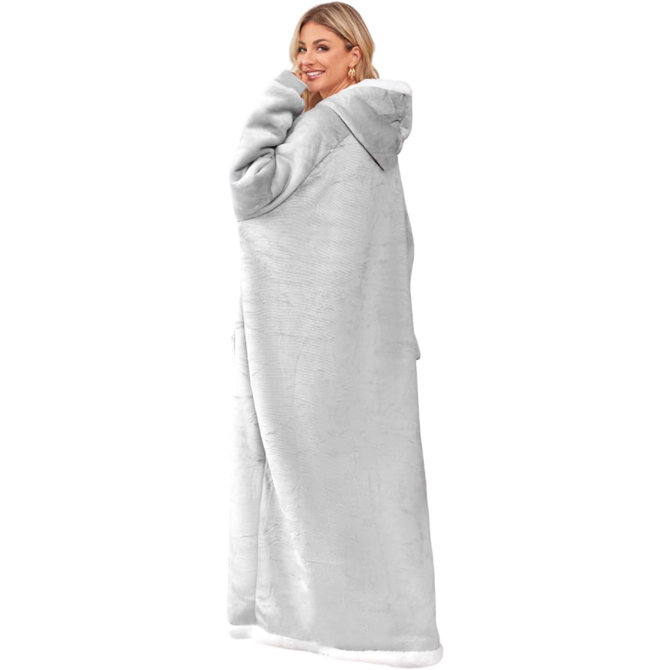 5FT  Wearable Blanket Hoodie Flannel Sherpa Fleece Warm Cozy Christmas Wrap Throw Gifts for Adult