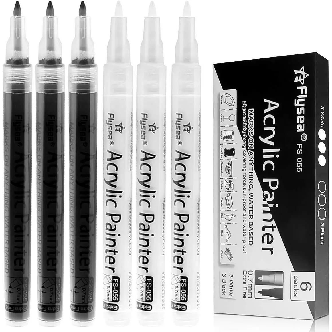Black  Pens, 6 Pack 0.7mm  Black Permanent Marker,White  Pens for Rock Painting, Stone,, Plastic, Ceramic, Glass, Metal Canvas, Paper, Water-based Extra Fine Point