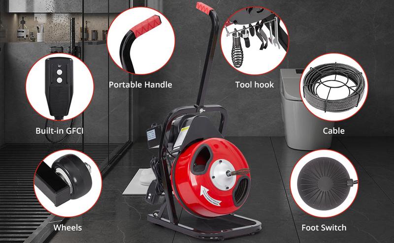 GARVEE Electric Drain Cleaners: Versatile Machines for 1-4 Inch Pipes, Available in 50Ft, 75Ft, and 100Ft Lengths, Featuring 3/8 Inch and 1/2 Inch Options with Multiple Cutters for Efficient Clog Removal. GARVEE Electric Drain Cleaners: Versatile Machines for 1-4 Inch Pipes, Available in 50Ft, 75Ft, and 100Ft Lengths, Featuring 3/8 Inch and 1/2 Inch Options with Multiple Cutters for Efficient Clog Removal.