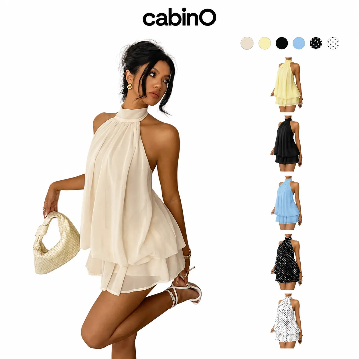 Cabino Women’s High Neck Halter Mini Dress, Sleeveless Layered Flowy Swing Dress for Summer Vacation, Cocktail Party and Evening Wear