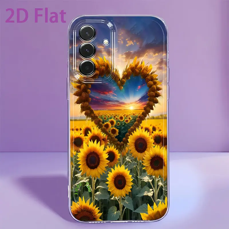 2D Flat Heart Sunflower Field Pattern Phone Case, Simple and Stylish Shockproof TPU Soft Case, Lightweight and Durable Transparent Protective Cover, Suitable for Samsung Galaxy A14 A15 A16 A23 A24 A25 S21/S22/S23/S24/S25/S26 FE/Plus/Ultra