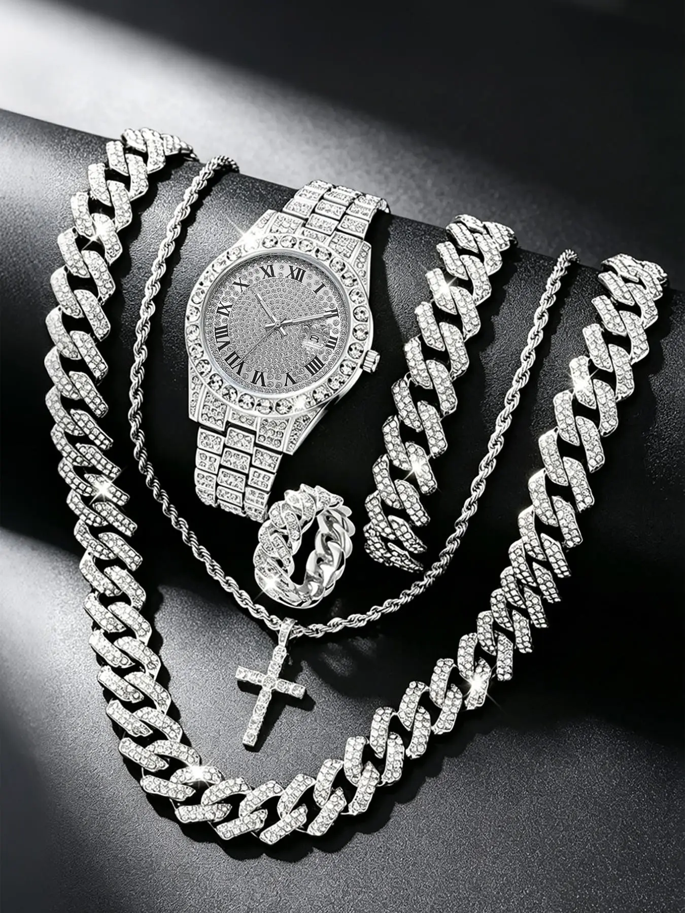 Men's Silver Color Watch Jewelry Set, Diamond Calendar Watch, Includes Cuban Chain, Cross Necklace, Bracelet, Ring, Perfect Gift