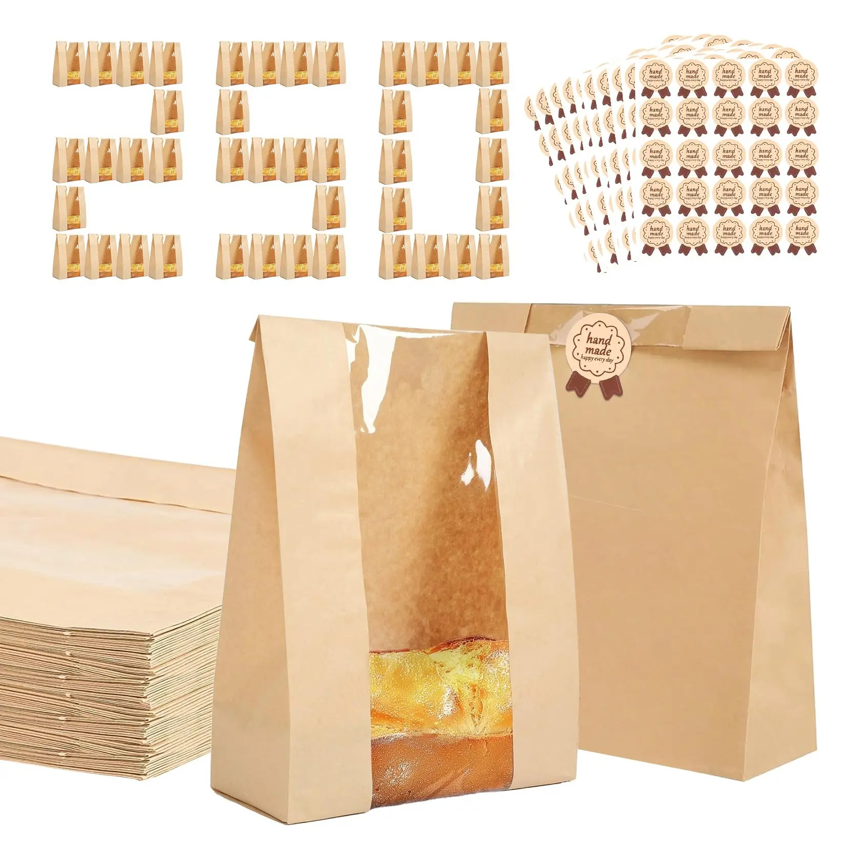 GAOMON 250-Pack Large Size Kraft Paper Bread Bags with Transparent Window and Adhesive Labels, Ideal for Homemade Bread Packaging and Baked Food Storage
