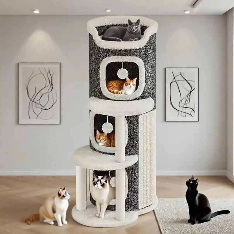 All Cat Tree for Indoor Cats, 3-Tier Multi-Level Cat Tower with 3 Cozy Condos, Scratching Post, Scratcher, Top Perch & Hanging Balls, Sturdy Heavy Duty Cat Furniture for Kittens Adult Large